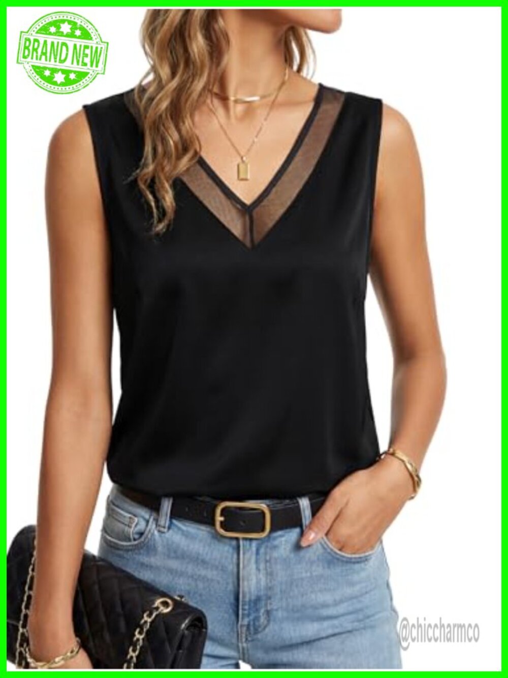Satin Silky Mesh Trim V Neck Sleeveless Business Blouse Tank Top